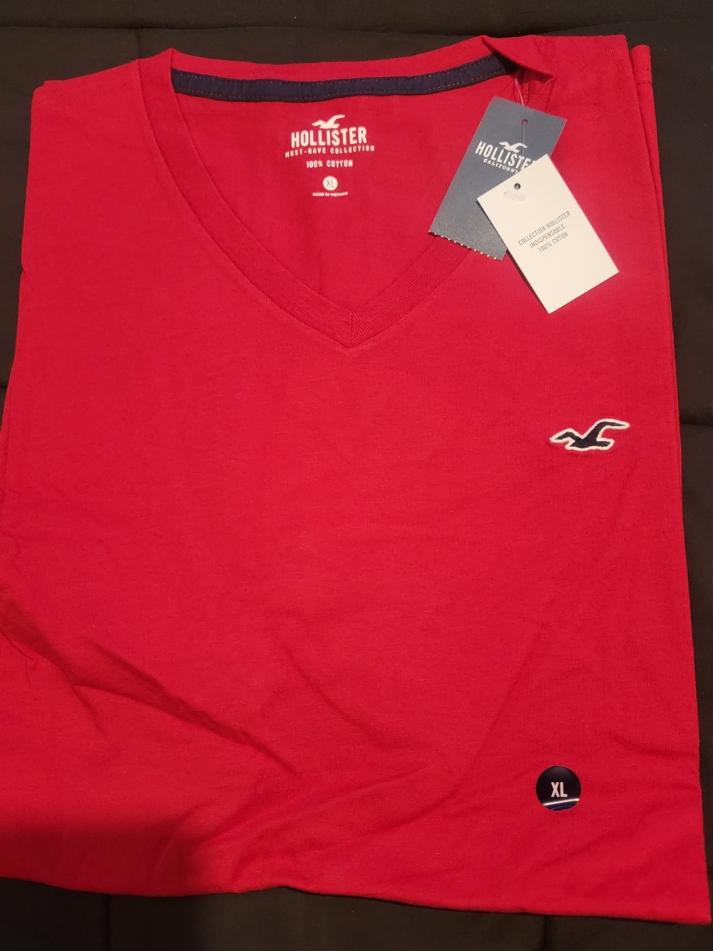 Hollister Men’s Bright Red V-Neck Tee with Embroidered Logo